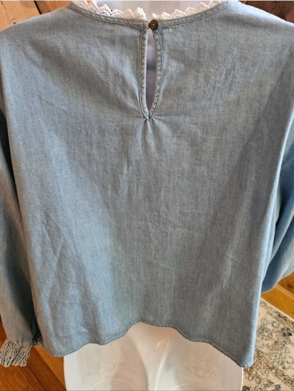 Zara Romantic Light Blue Cotton Blouse with White Embroidered Lace Yoke Medium